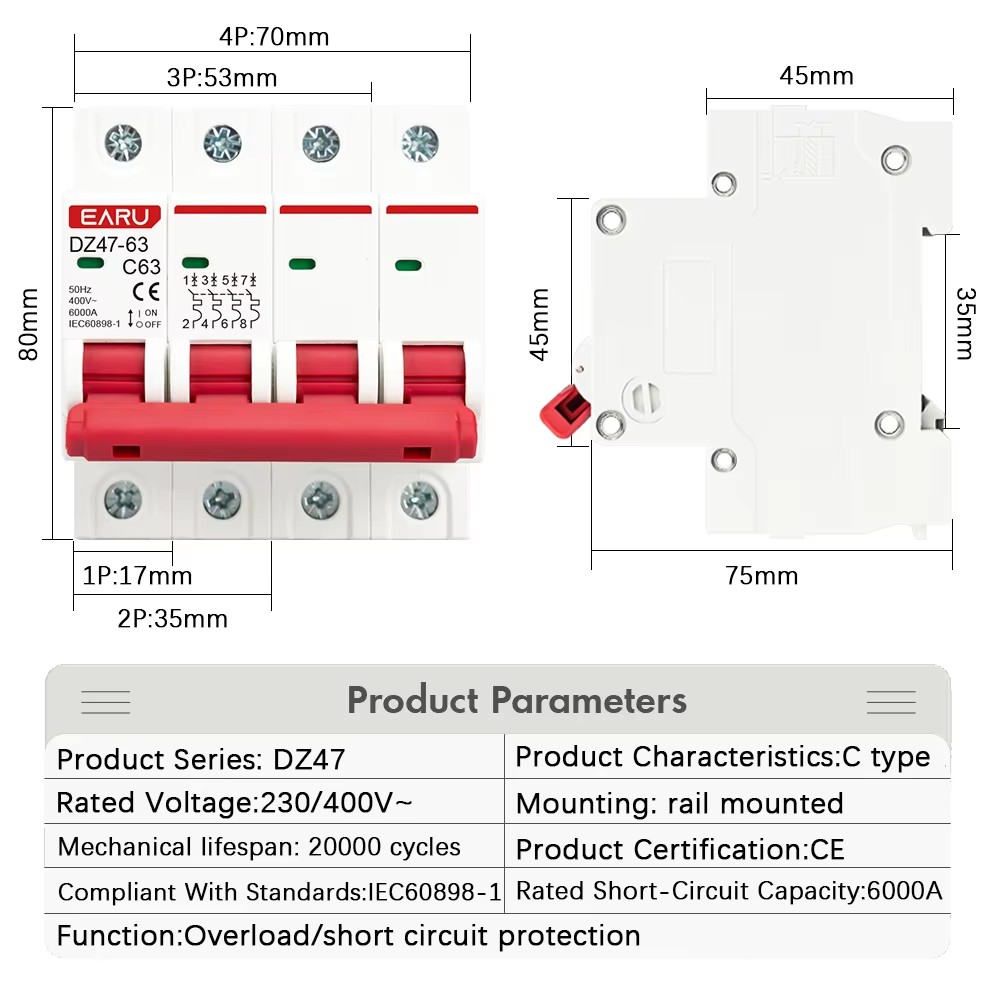 EARU DZ47 1P 2P 3P 4P 3A-63A A - Din Rail Circuit Breaker ulasan dan harga